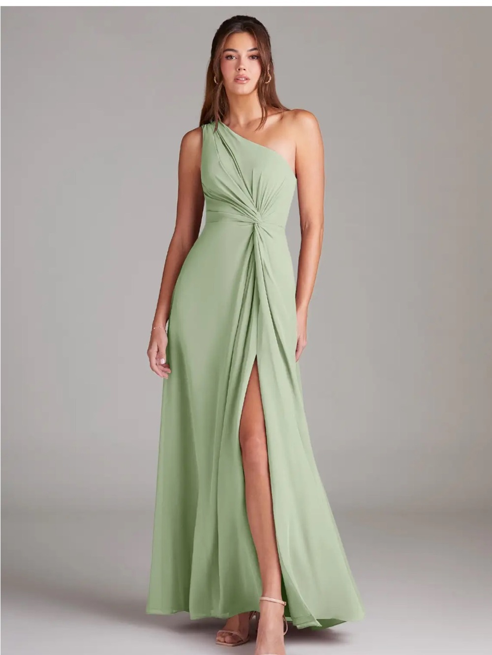 Azazie Sage Green One-Shoulder Maxi Dress with Twist and Front Slit